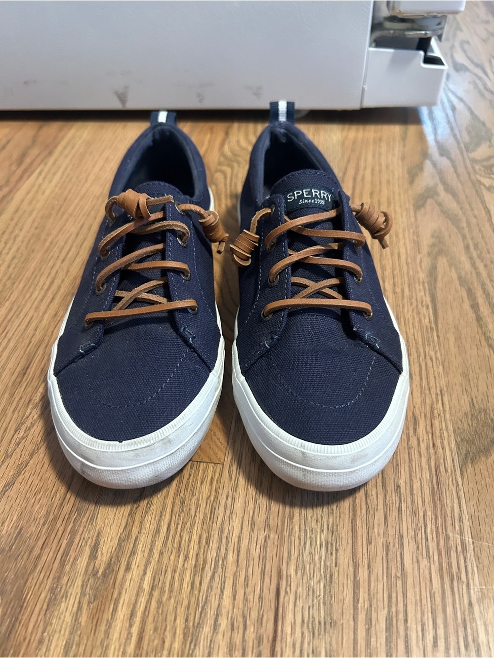 Sperry Navy Canvas Boat Shoes with Brown Leather Laces